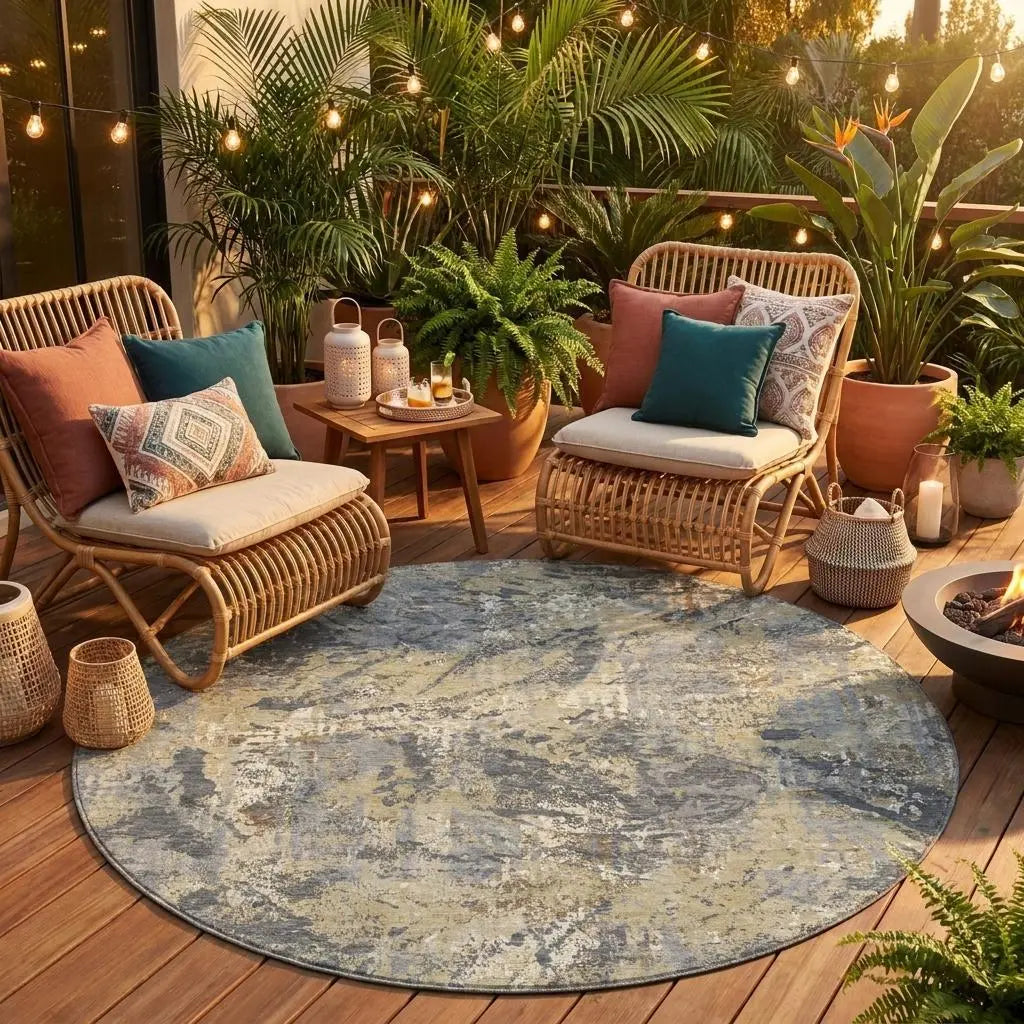 8' Gray And Khaki Round Abstract Washable Indoor Outdoor Area Rug Homeroots Outdoor