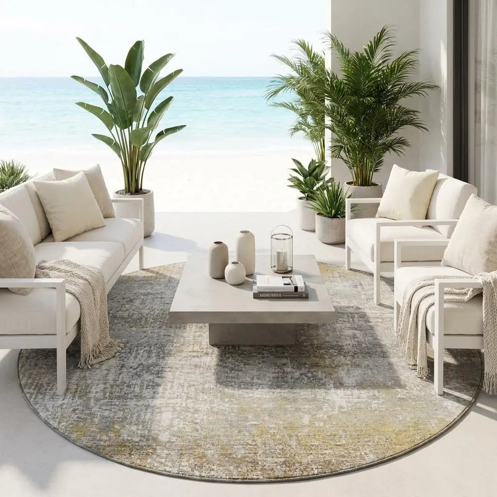 8' Gray And Khaki Round Abstract Washable Indoor Outdoor Area Rug Homeroots Outdoor