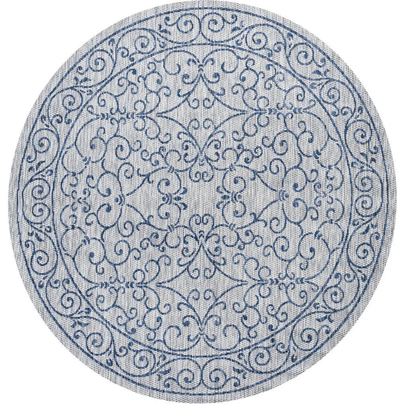 8' Gray And Navy Blue Round Medallion Indoor Outdoor Area Rug Homeroots Outdoor