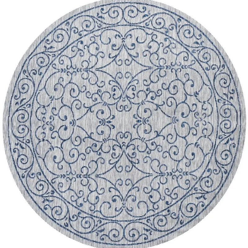 8' Gray And Navy Blue Round Medallion Indoor Outdoor Area Rug Homeroots Outdoor