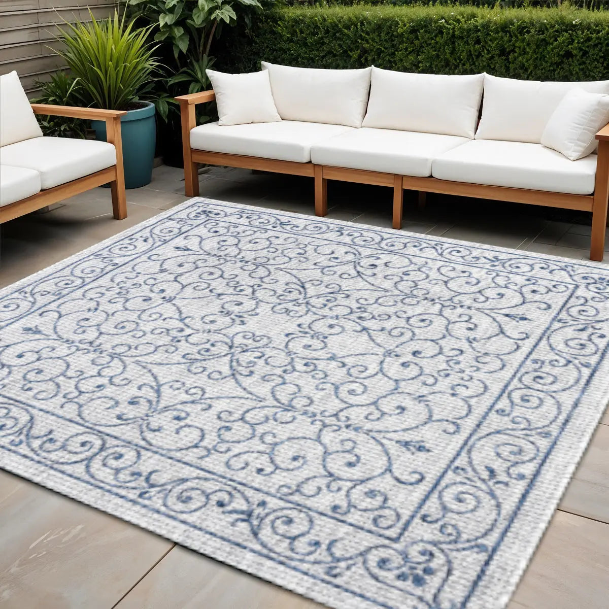 8' Gray And Navy Blue Square Medallion Indoor Outdoor Area Rug Homeroots Outdoor