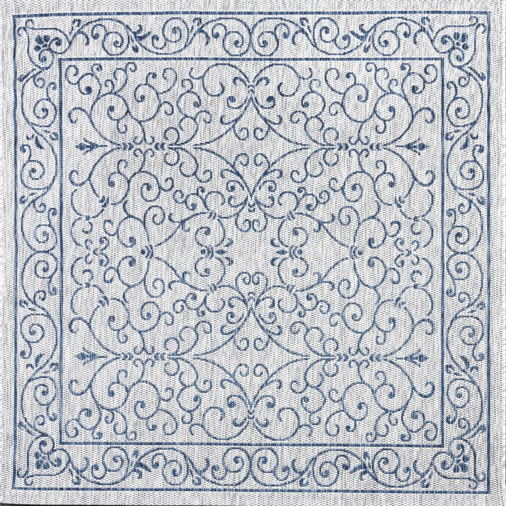 8' Gray And Navy Blue Square Medallion Indoor Outdoor Area Rug Homeroots Outdoor