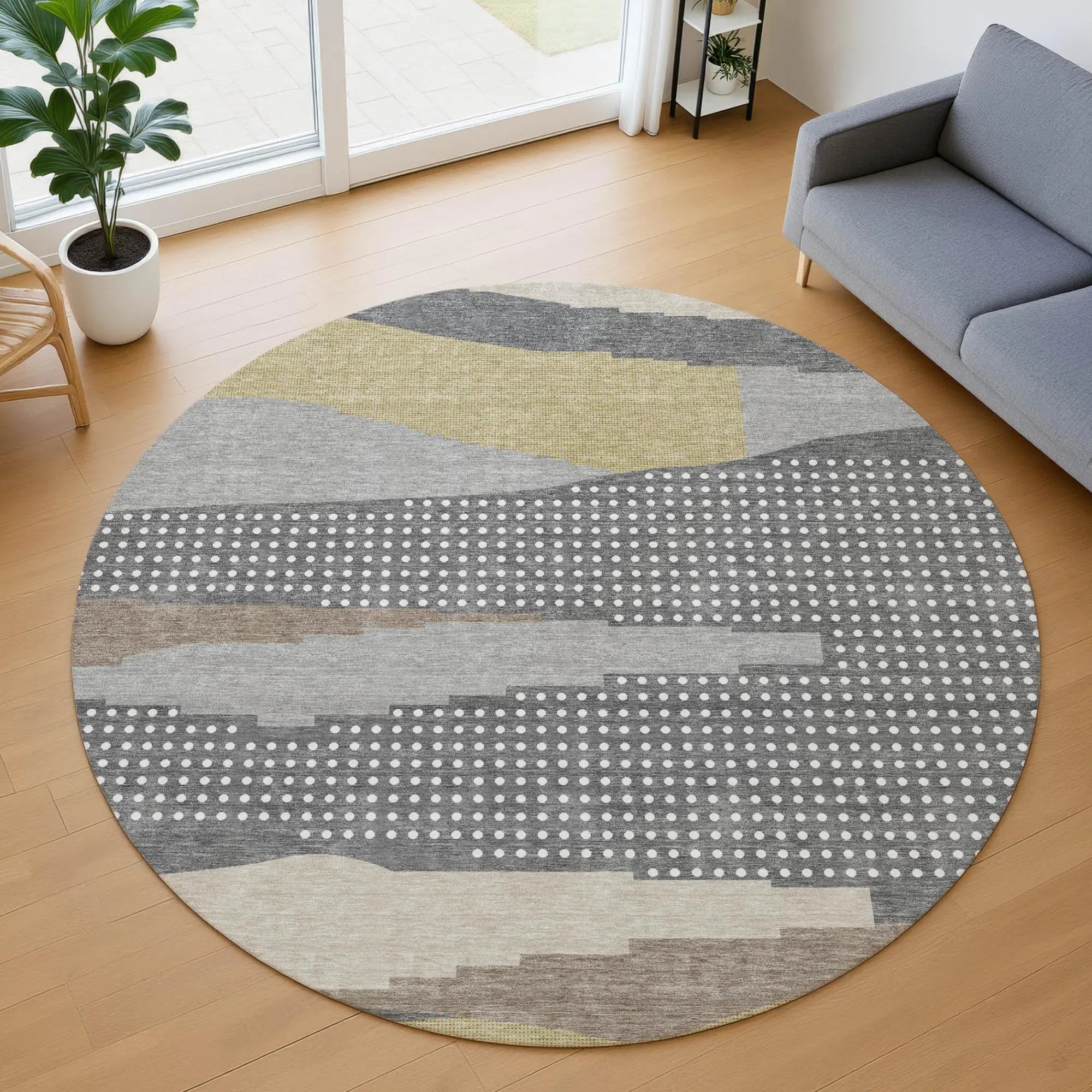 8' Gray And Pewter Round Abstract Washable Indoor Outdoor Area Rug Homeroots Outdoor