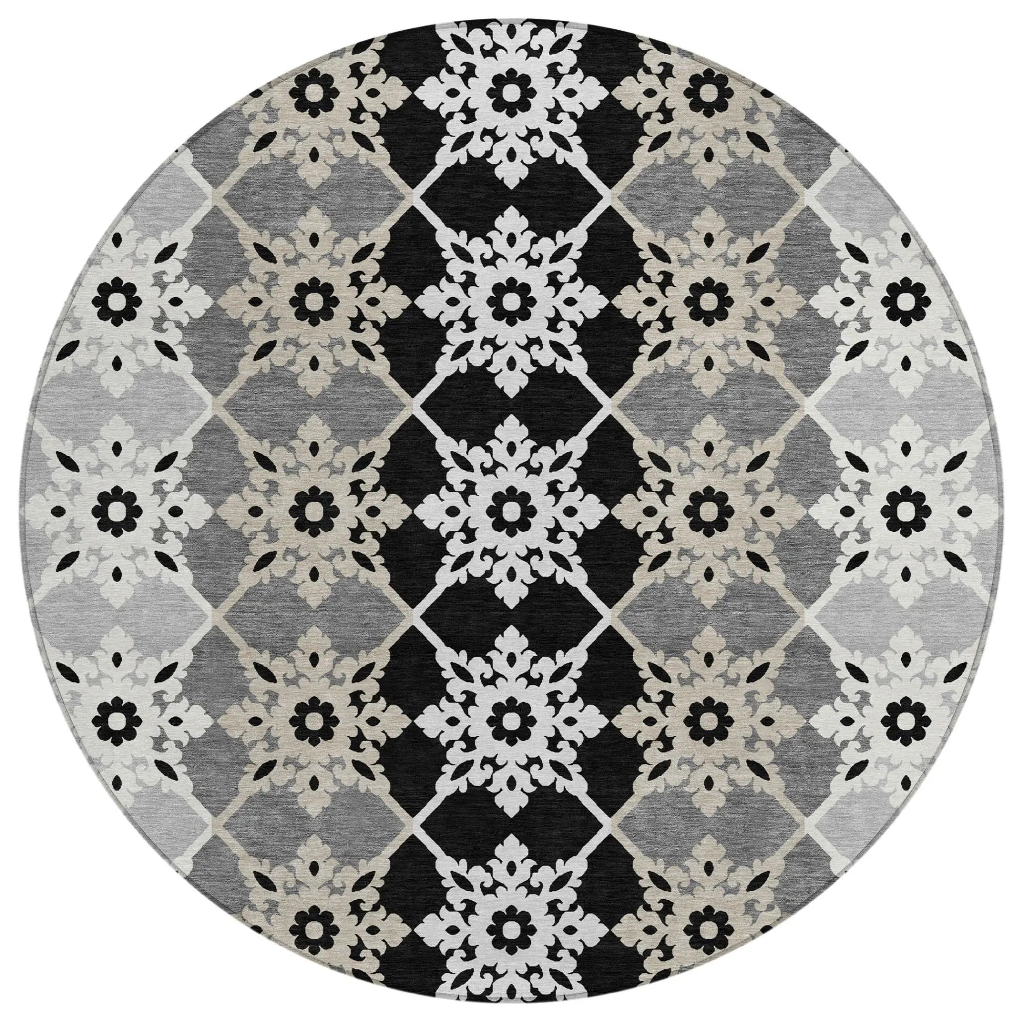 8' Gray And Pewter Round Floral Medallion Washable Indoor Outdoor Area Rug Homeroots Outdoor