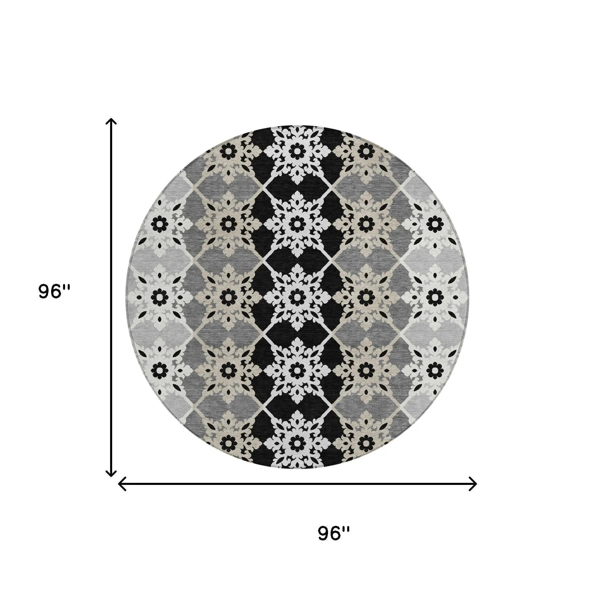 8' Gray And Pewter Round Floral Medallion Washable Indoor Outdoor Area Rug Homeroots Outdoor
