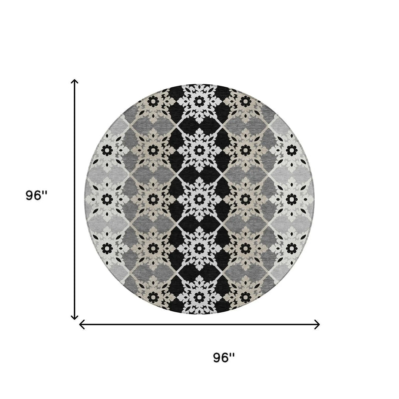 8' Gray And Pewter Round Floral Medallion Washable Indoor Outdoor Area Rug Homeroots Outdoor