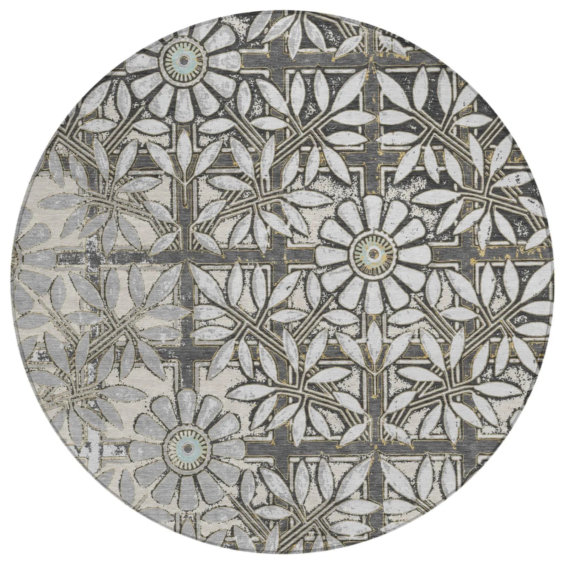 8' Gray And Pewter Round Floral Washable Indoor Outdoor Area Rug Homeroots Outdoor