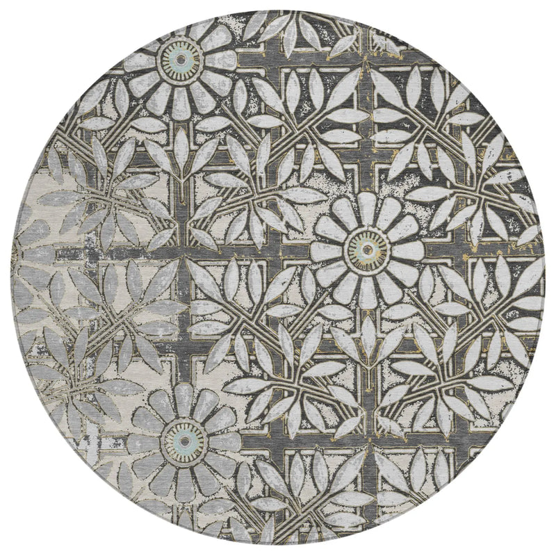 8' Gray And Pewter Round Floral Washable Indoor Outdoor Area Rug Homeroots Outdoor