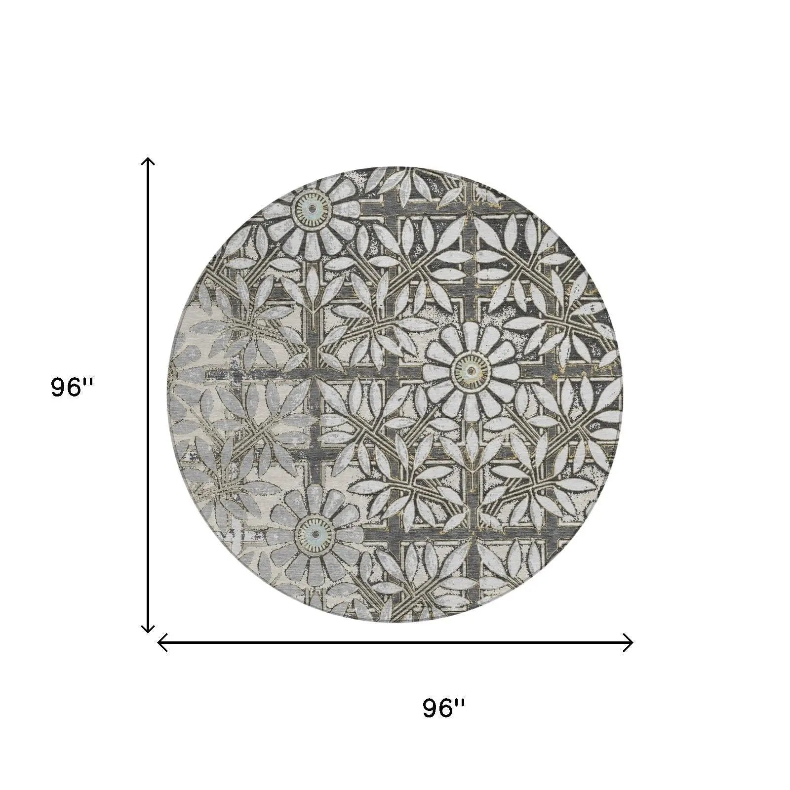 8' Gray And Pewter Round Floral Washable Indoor Outdoor Area Rug Homeroots Outdoor