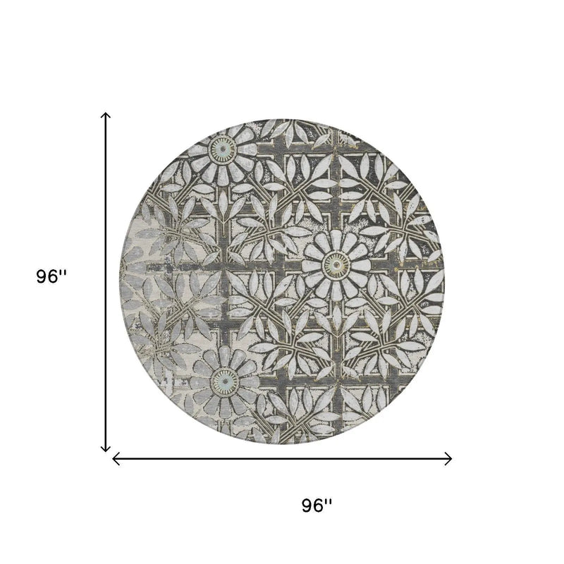 8' Gray And Pewter Round Floral Washable Indoor Outdoor Area Rug Homeroots Outdoor