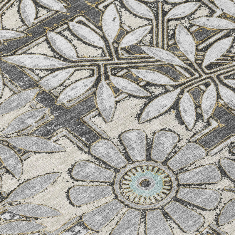 8' Gray And Pewter Round Floral Washable Indoor Outdoor Area Rug Homeroots Outdoor