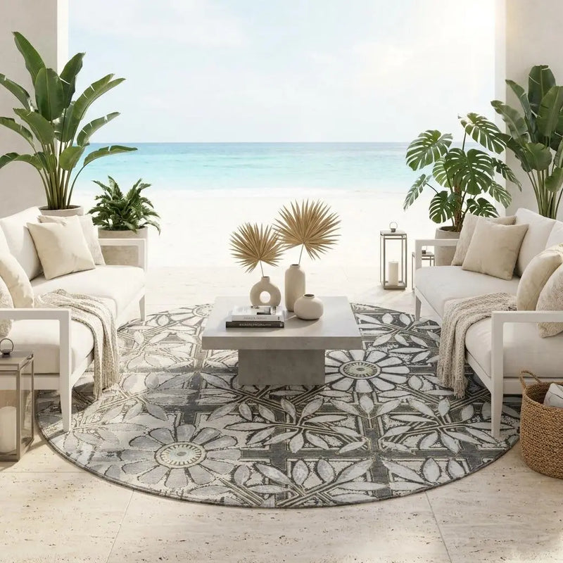 8' Gray And Pewter Round Floral Washable Indoor Outdoor Area Rug Homeroots Outdoor