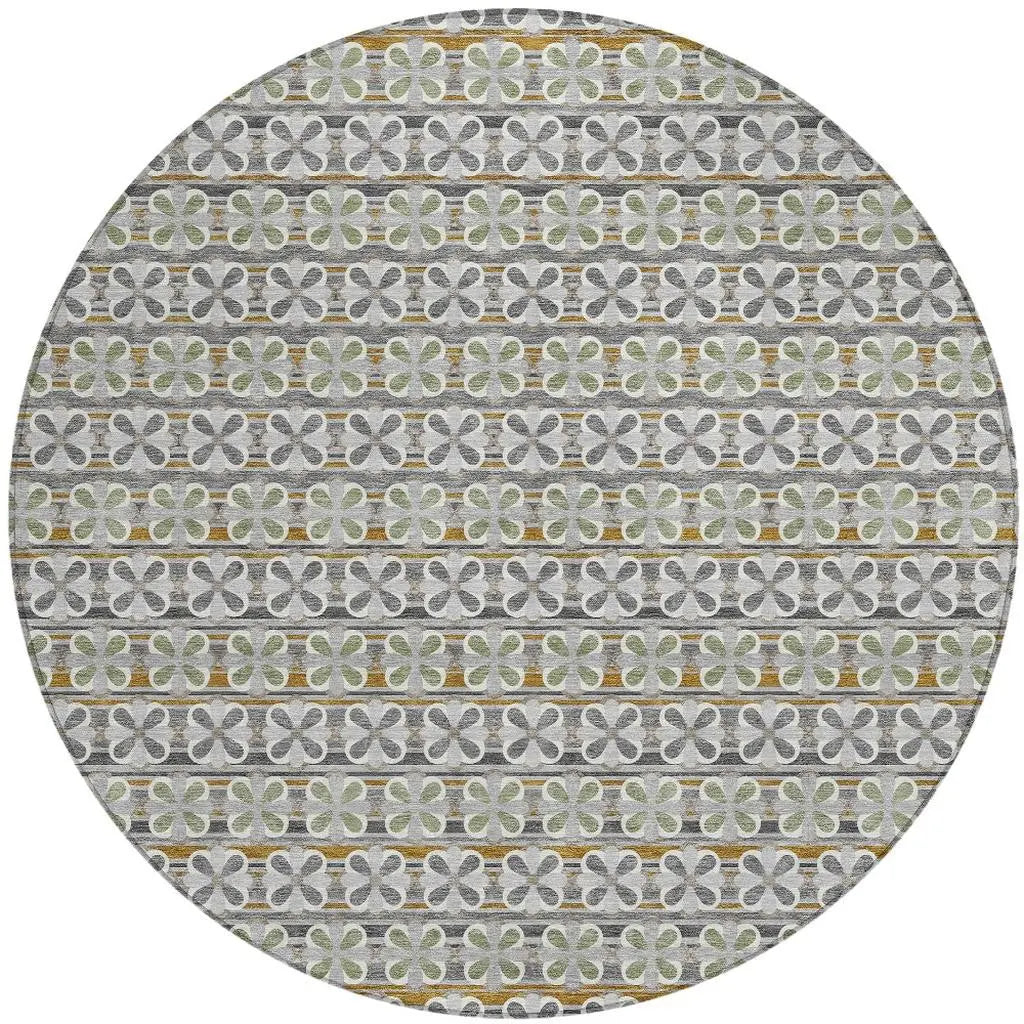 8' Gray And Pink Round Striped Washable Indoor Outdoor Area Rug Homeroots Outdoor