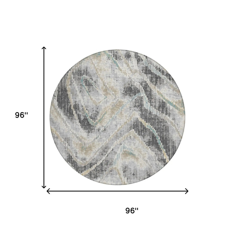 8' Gray And Silver Round Abstract Washable Indoor Outdoor Area Rug Homeroots Outdoor