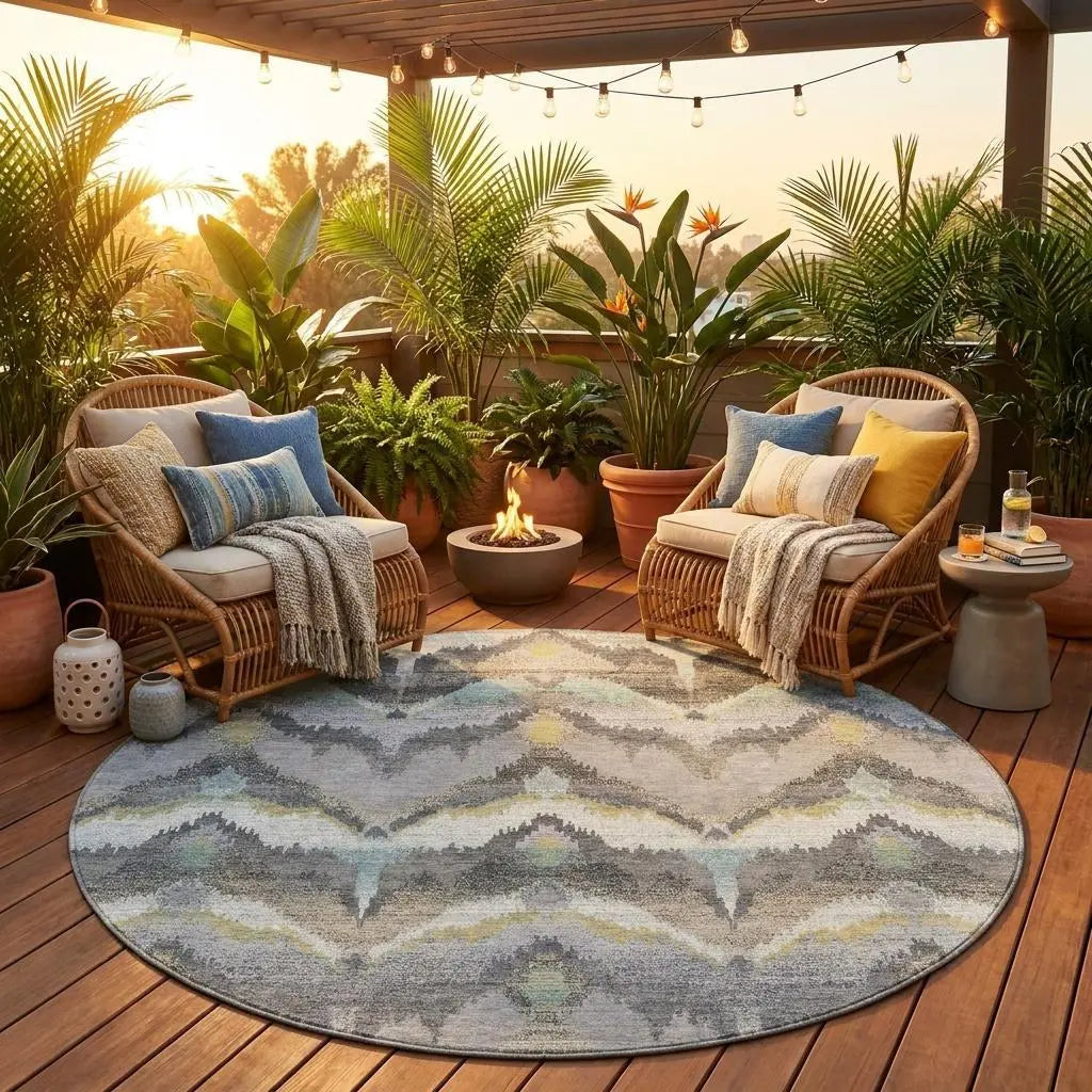 8' Gray And Silver Round Abstract Washable Indoor Outdoor Area Rug Homeroots Outdoor