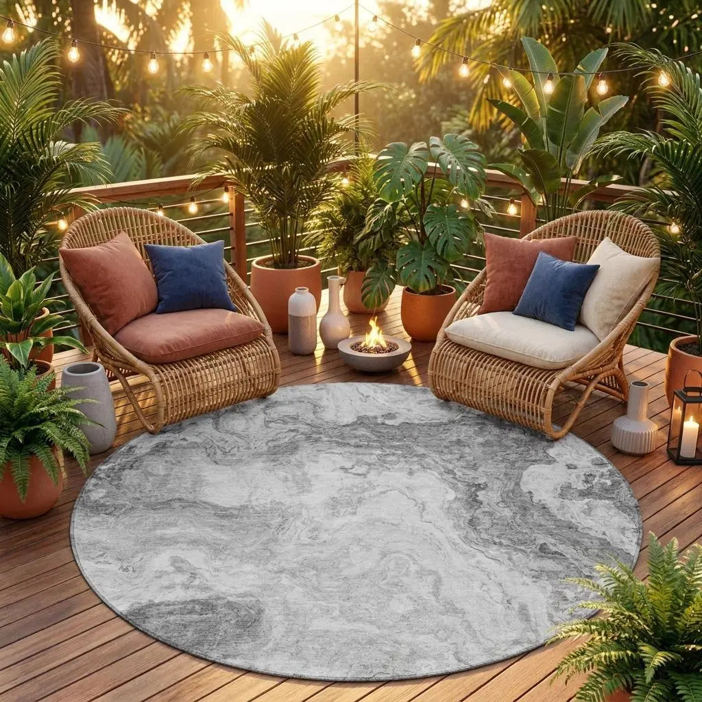 8' Gray And Silver Round Abstract Washable Indoor Outdoor Area Rug Homeroots Outdoor