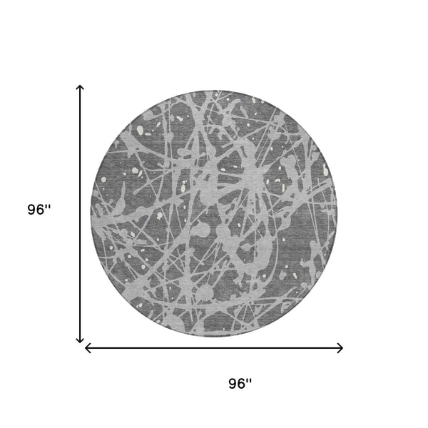 8' Gray And Silver Round Abstract Washable Indoor Outdoor Area Rug Homeroots Outdoor