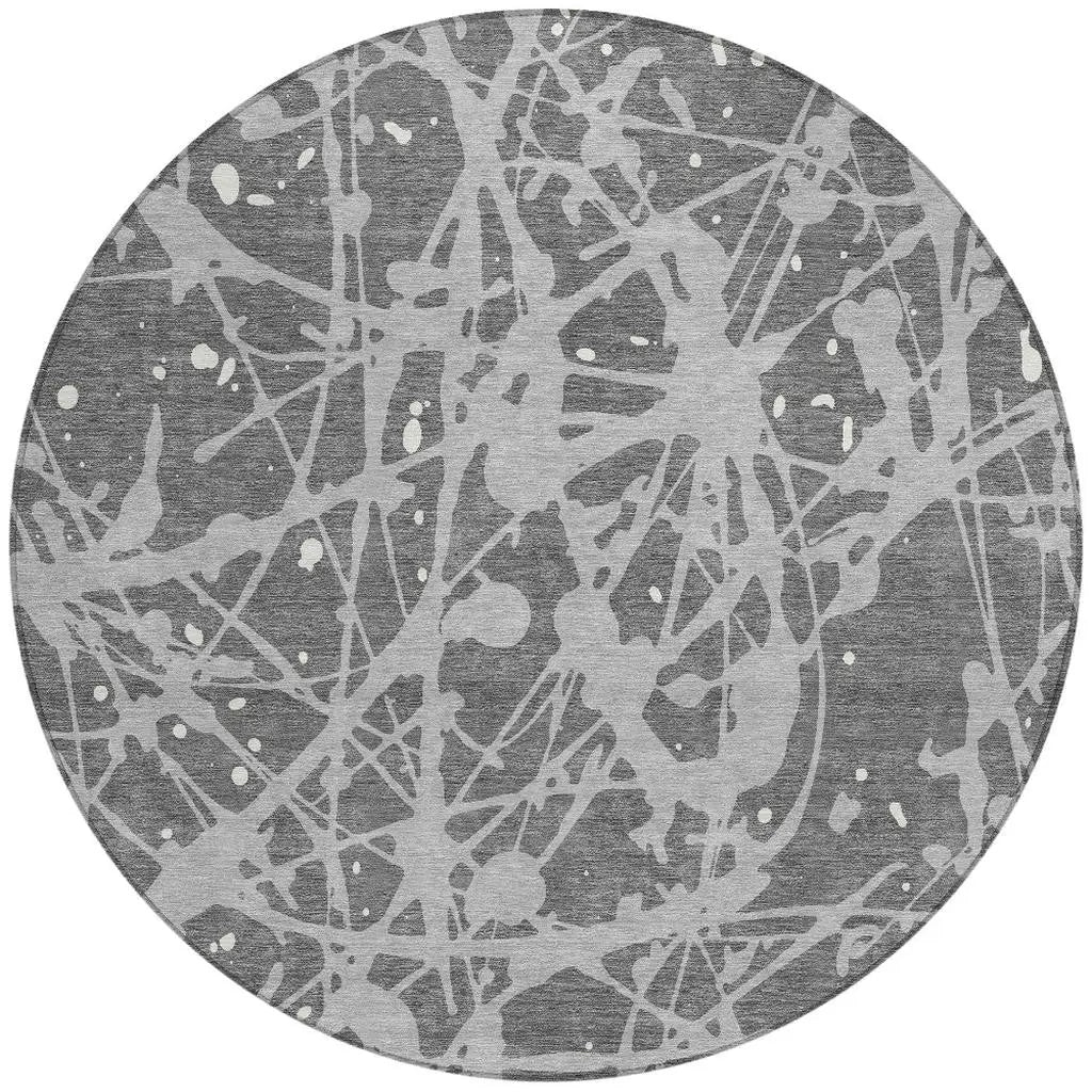 8' Gray And Silver Round Abstract Washable Indoor Outdoor Area Rug Homeroots Outdoor
