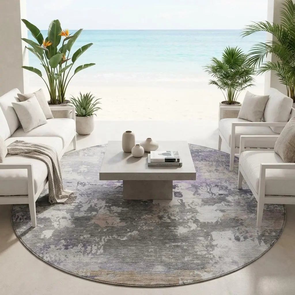 8' Gray And Silver Round Abstract Washable Indoor Outdoor Area Rug Homeroots Outdoor
