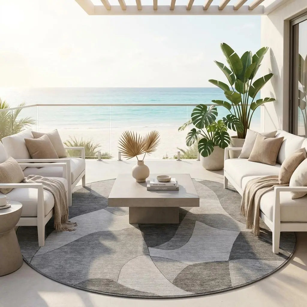 8' Gray And Silver Round Abstract Washable Indoor Outdoor Area Rug Homeroots Outdoor