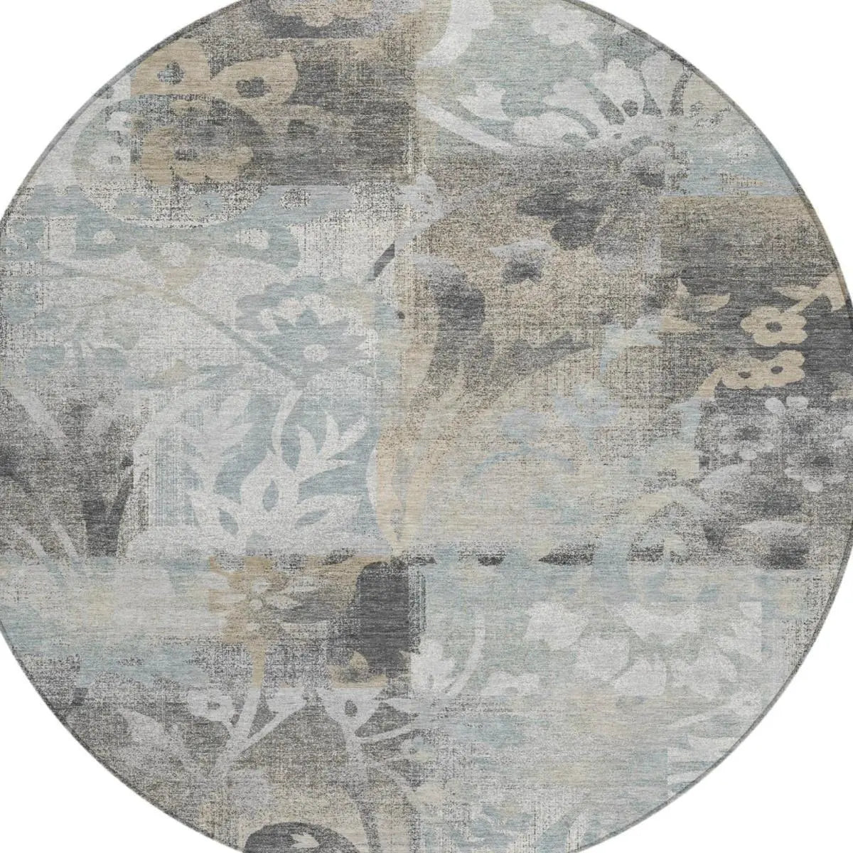 8' Gray And Silver Round Botanical Leaves Washable Indoor Outdoor Area Rug Homeroots Outdoor