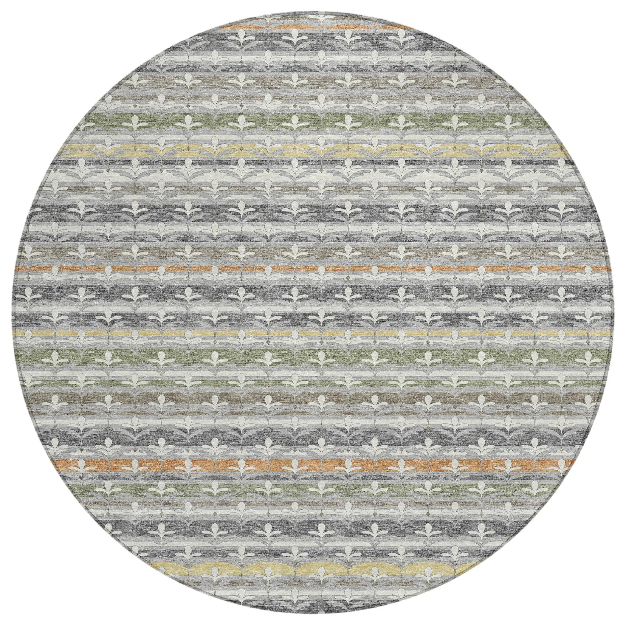 8' Gray And Silver Round Damask Washable Indoor Outdoor Area Rug Homeroots Outdoor