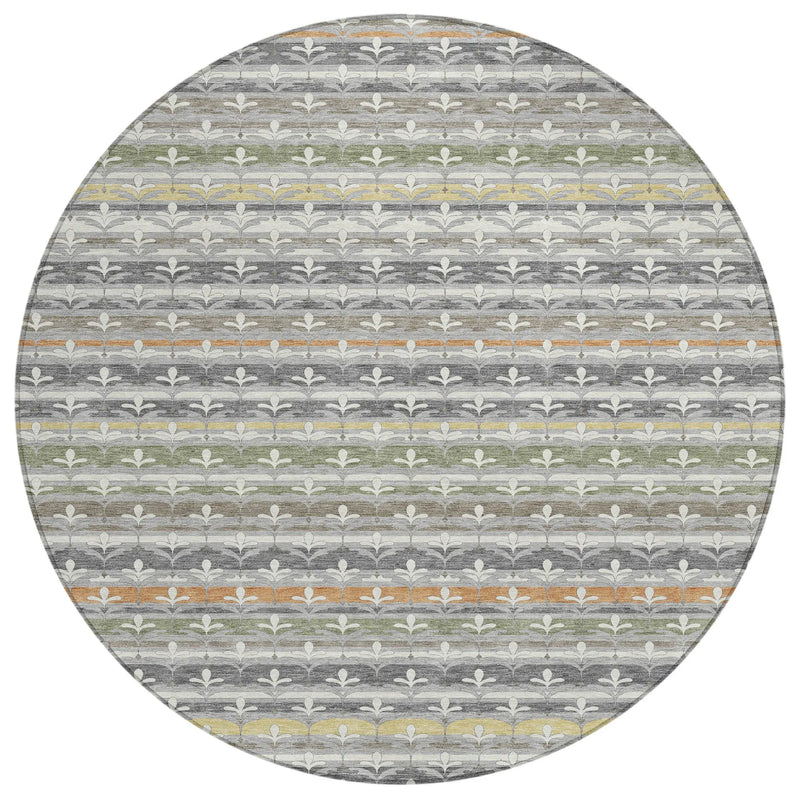 8' Gray And Silver Round Damask Washable Indoor Outdoor Area Rug Homeroots Outdoor