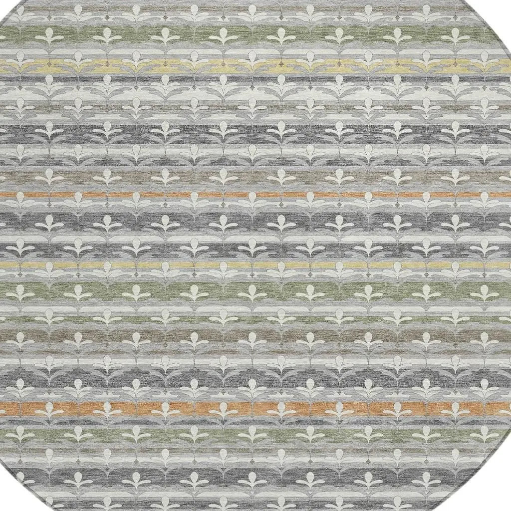 8' Gray And Silver Round Damask Washable Indoor Outdoor Area Rug Homeroots Outdoor