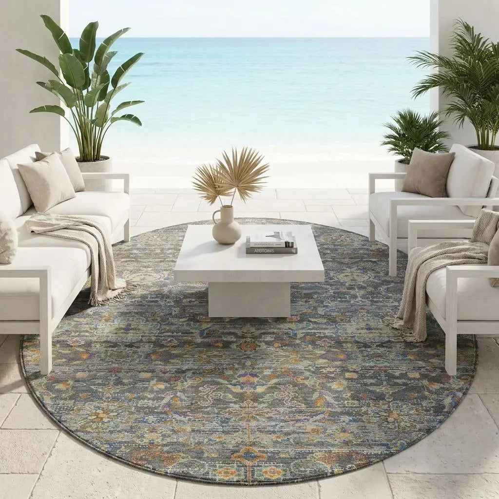 8' Gray And Silver Round Floral Medallion Washable Indoor Outdoor Area Rug Homeroots Outdoor