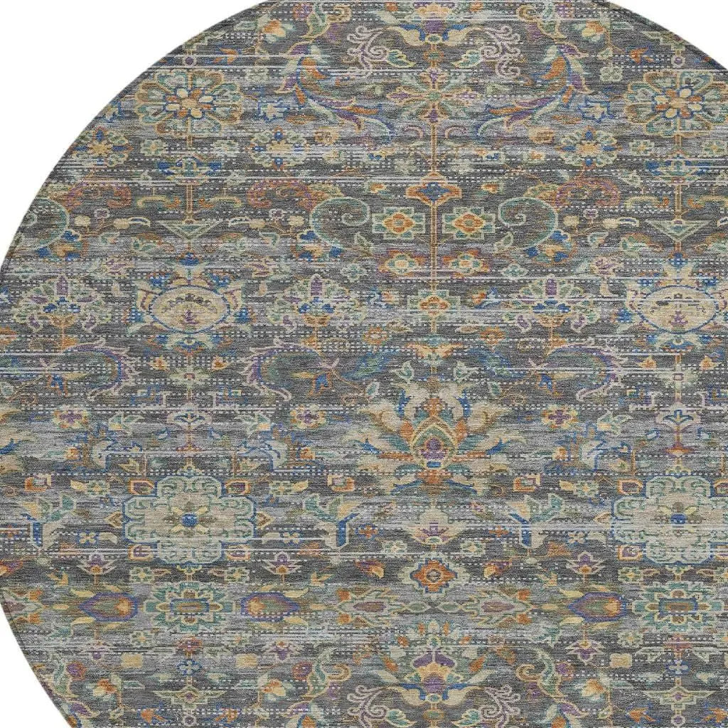 8' Gray And Silver Round Floral Medallion Washable Indoor Outdoor Area Rug Homeroots Outdoor