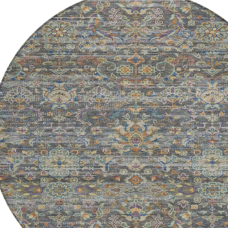 8' Gray And Silver Round Floral Medallion Washable Indoor Outdoor Area Rug Homeroots Outdoor