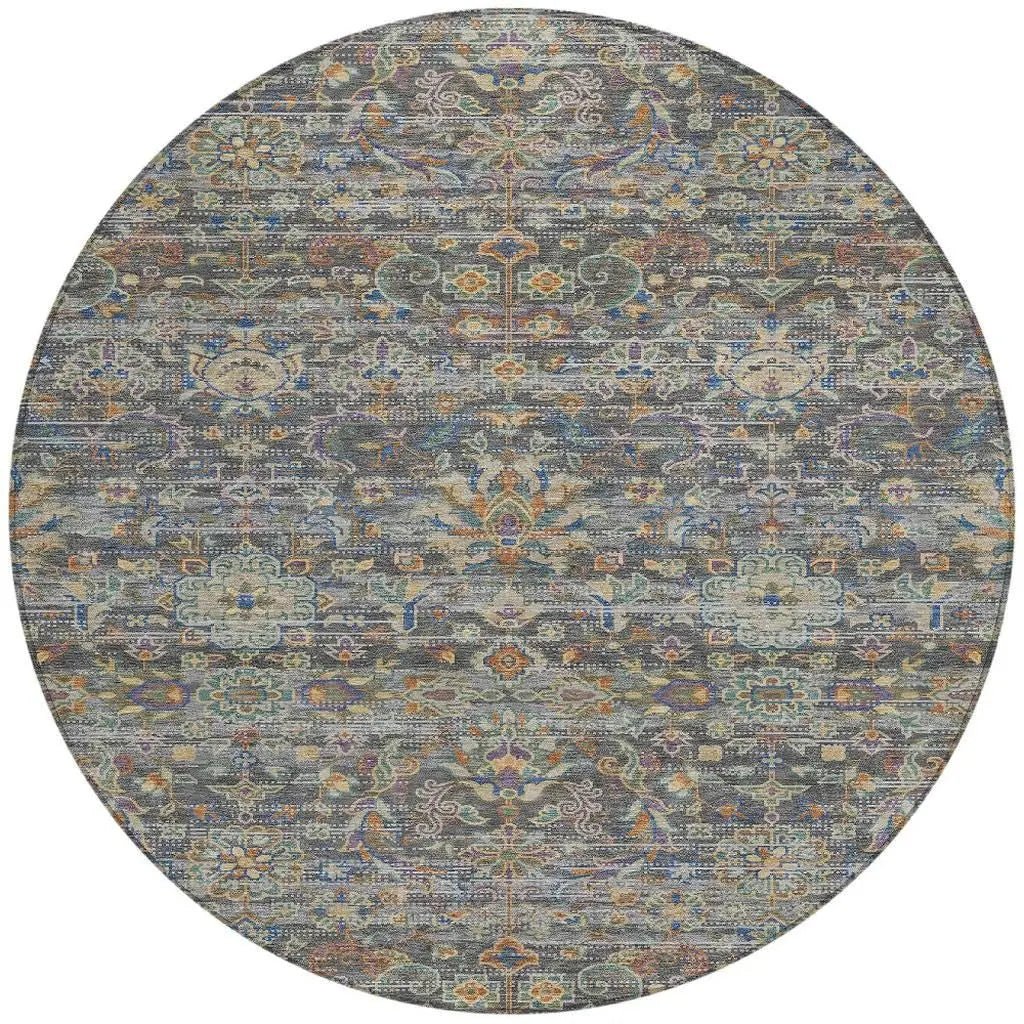 8' Gray And Silver Round Floral Medallion Washable Indoor Outdoor Area Rug Homeroots Outdoor