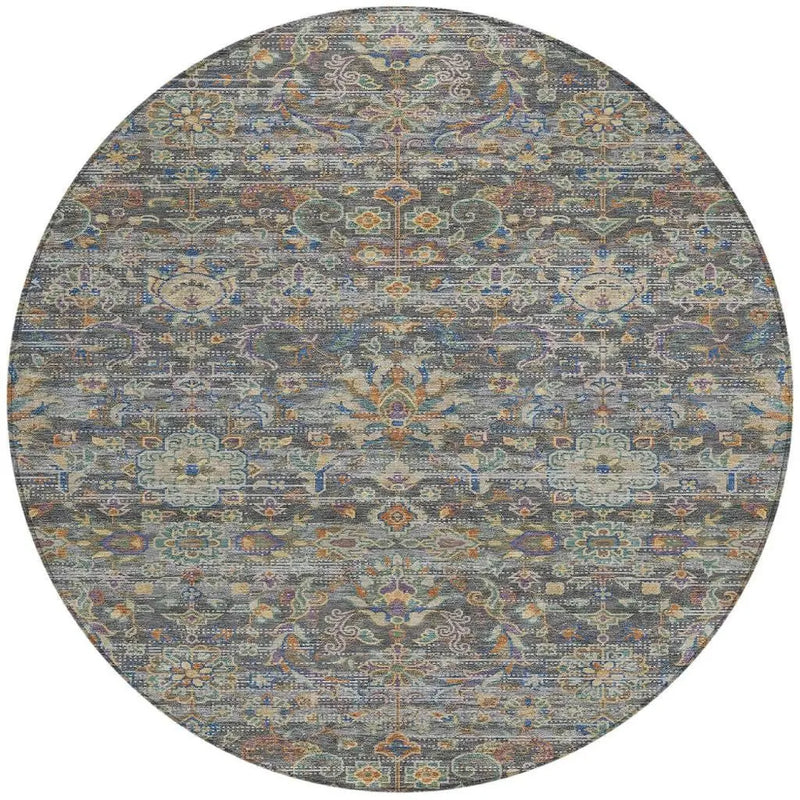 8' Gray And Silver Round Floral Medallion Washable Indoor Outdoor Area Rug Homeroots Outdoor