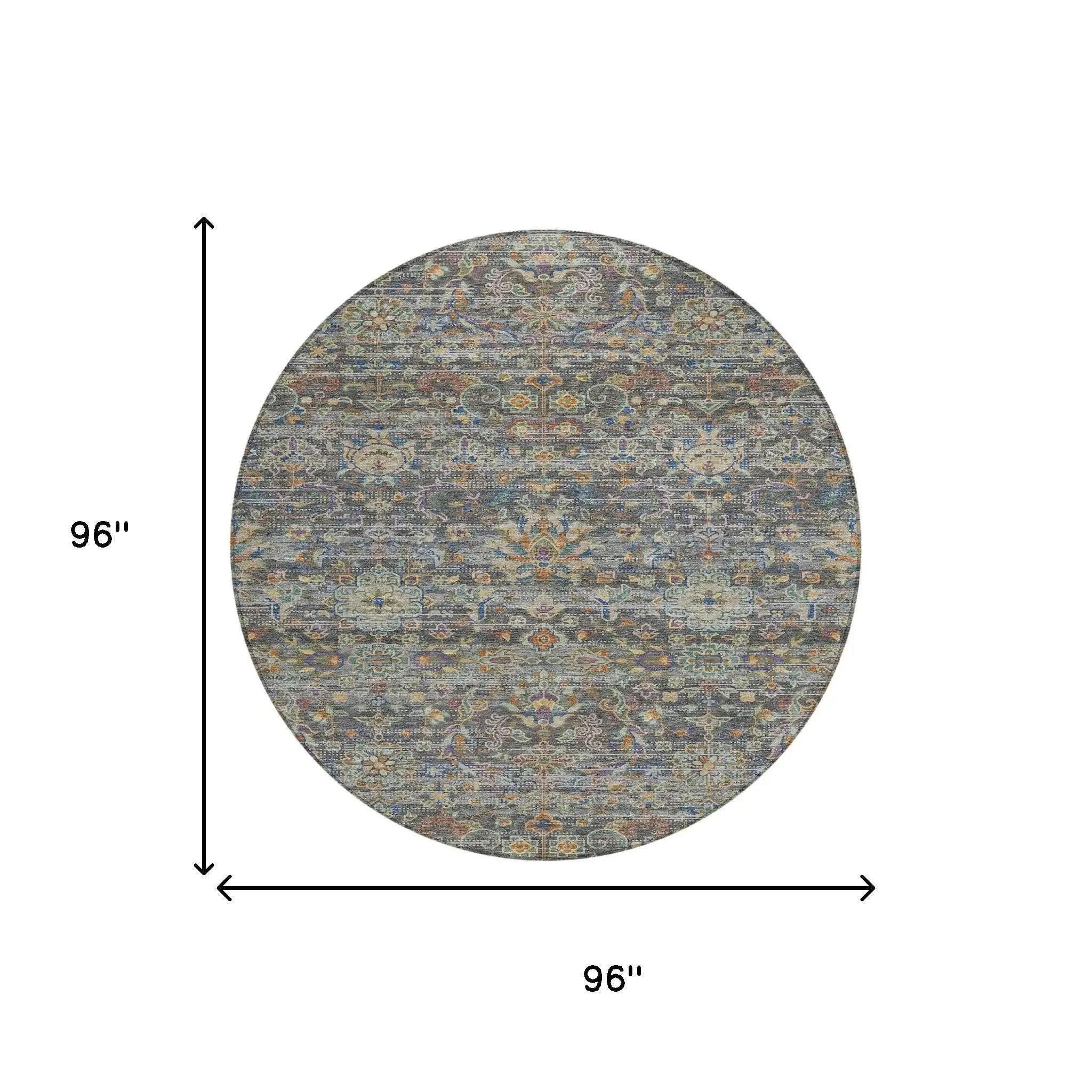 8' Gray And Silver Round Floral Medallion Washable Indoor Outdoor Area Rug Homeroots Outdoor