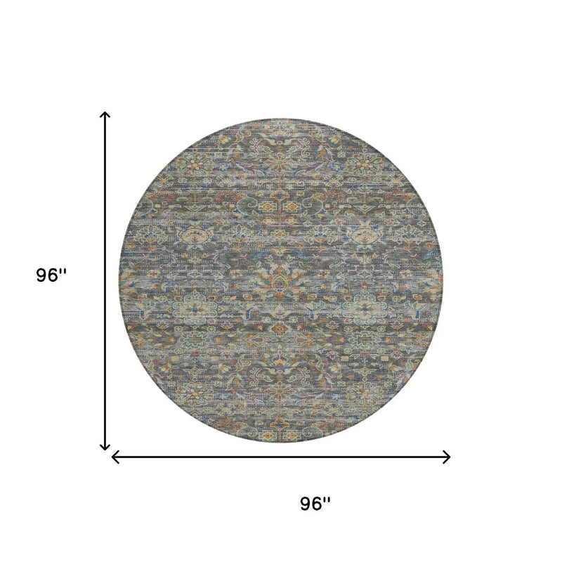 8' Gray And Silver Round Floral Medallion Washable Indoor Outdoor Area Rug Homeroots Outdoor
