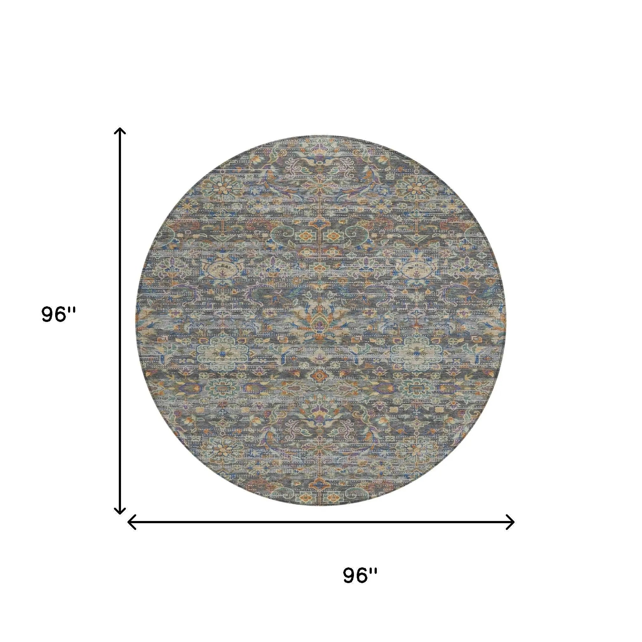 8' Gray And Silver Round Floral Medallion Washable Indoor Outdoor Area Rug Homeroots Outdoor