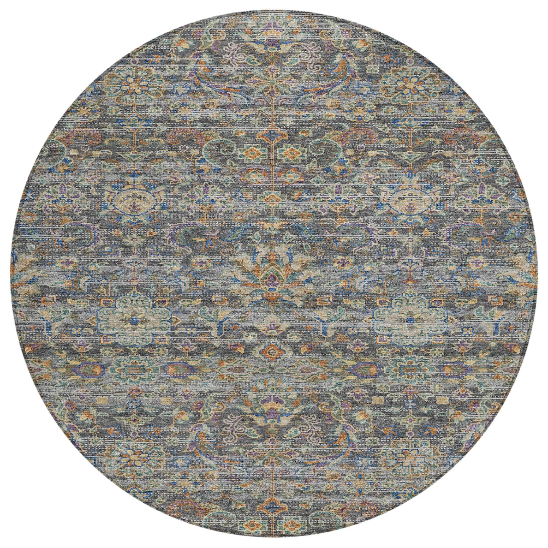 8' Gray And Silver Round Floral Medallion Washable Indoor Outdoor Area Rug Homeroots Outdoor