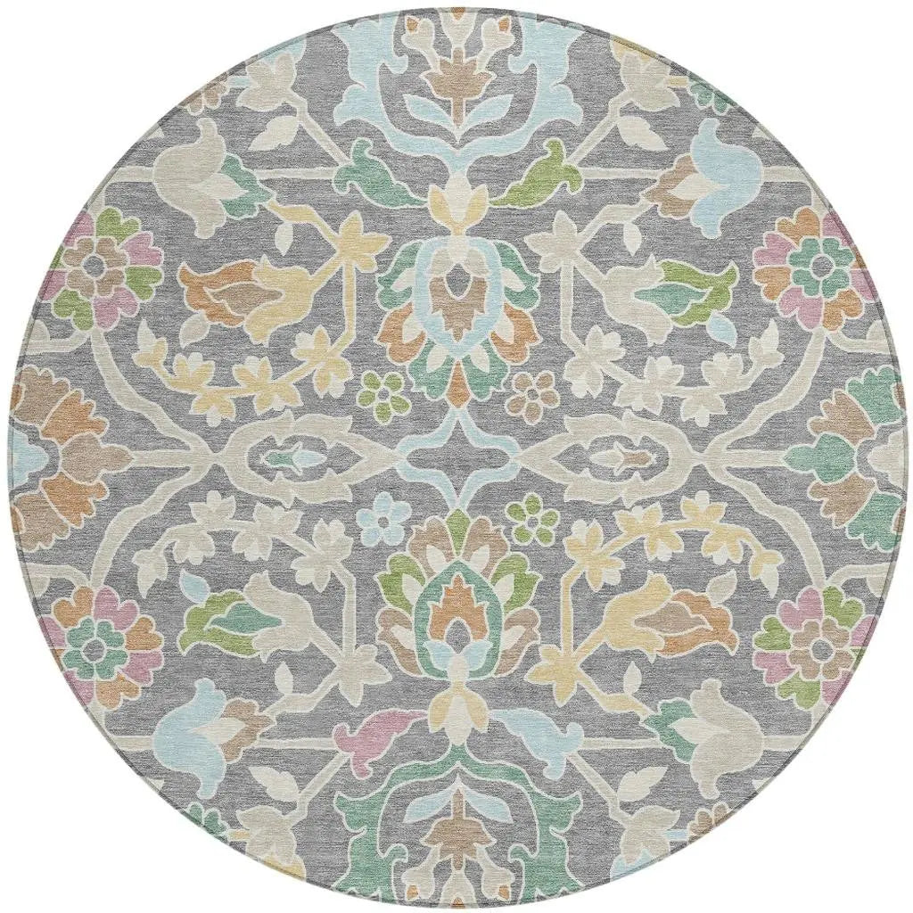 8' Gray And Silver Round Floral Washable Indoor Outdoor Area Rug Homeroots Outdoor
