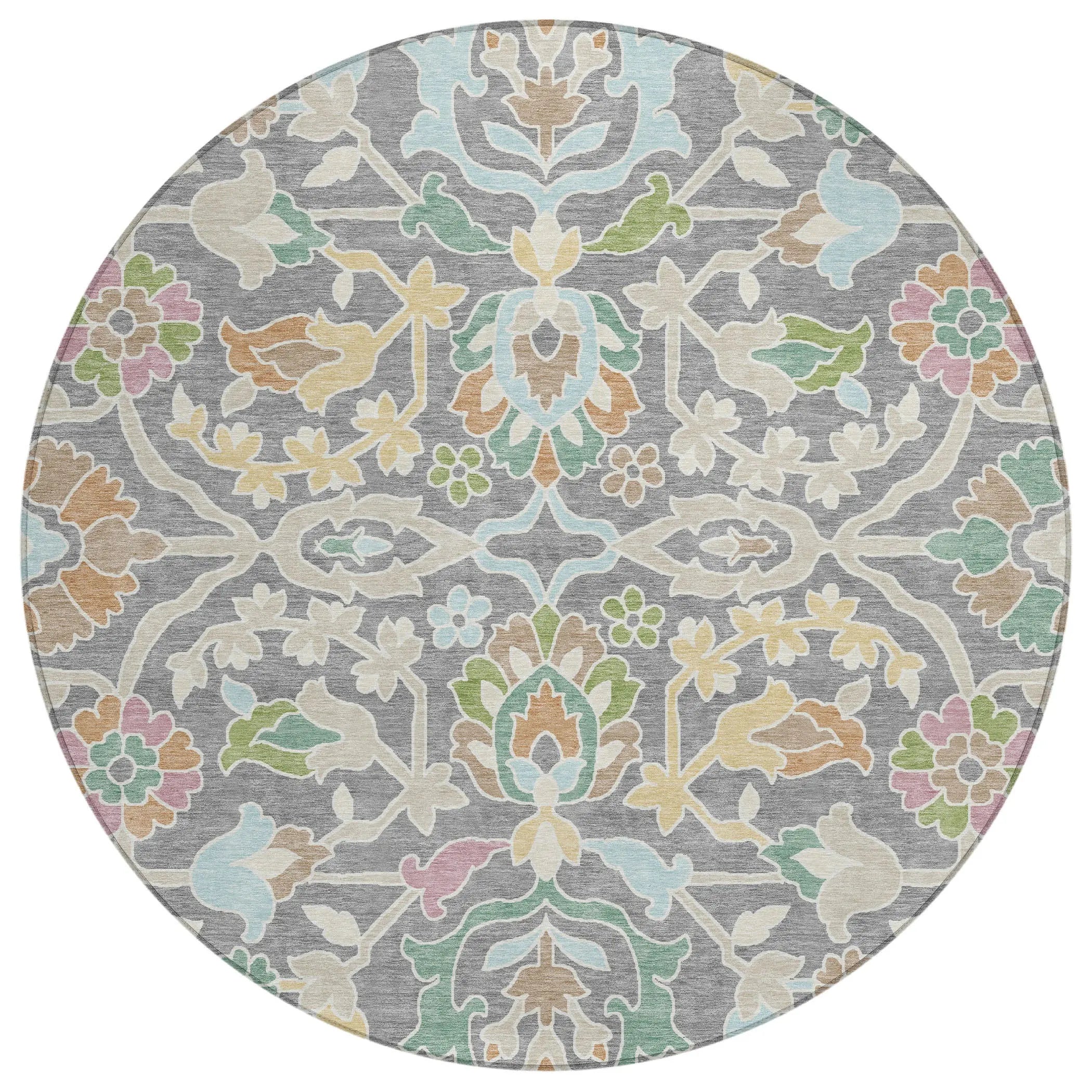8' Gray And Silver Round Floral Washable Indoor Outdoor Area Rug Homeroots Outdoor
