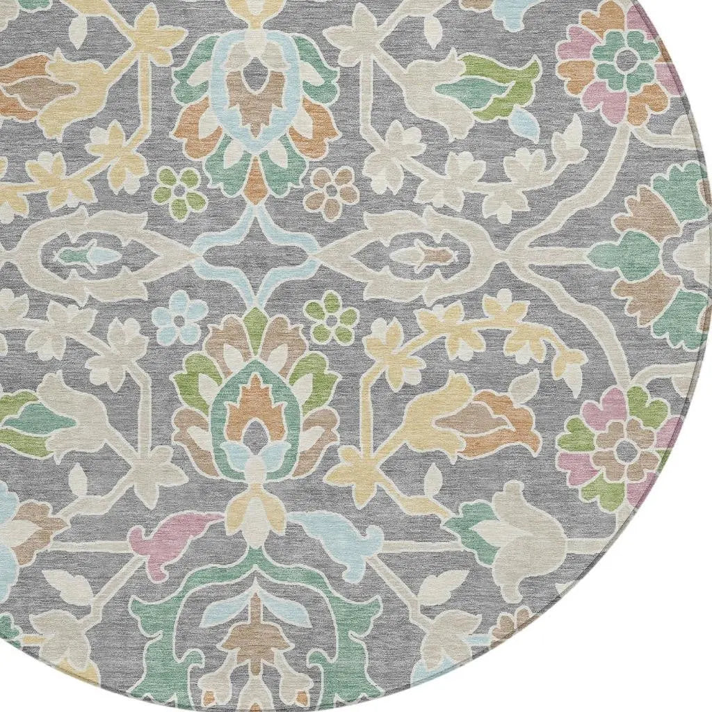 8' Gray And Silver Round Floral Washable Indoor Outdoor Area Rug Homeroots Outdoor