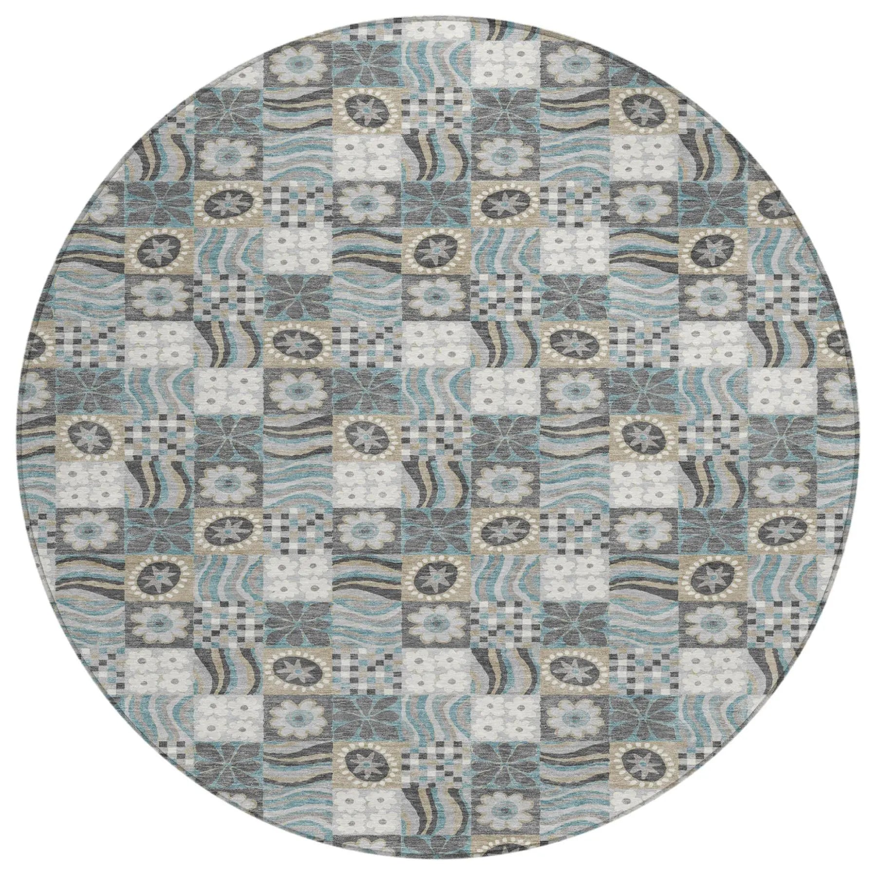 8' Gray And Silver Round Floral Washable Indoor Outdoor Area Rug Homeroots Outdoor