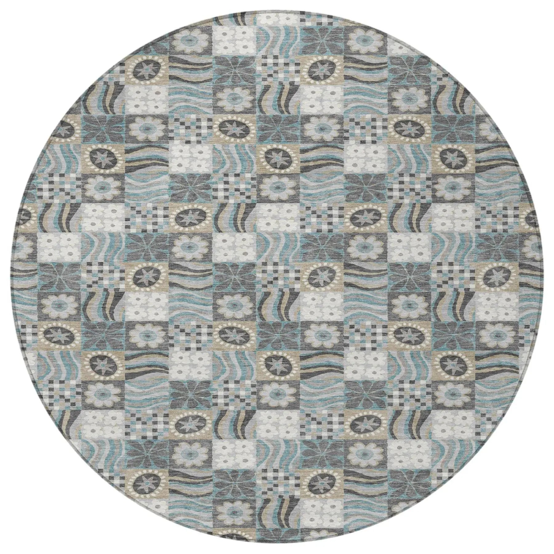 8' Gray And Silver Round Floral Washable Indoor Outdoor Area Rug Homeroots Outdoor