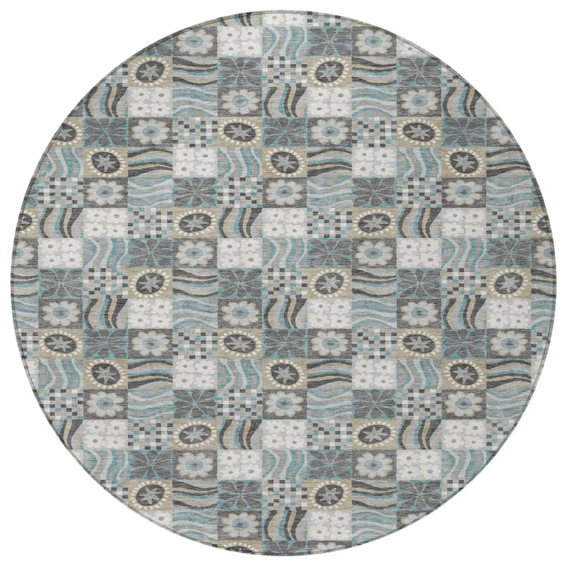 8' Gray And Silver Round Floral Washable Indoor Outdoor Area Rug Homeroots Outdoor