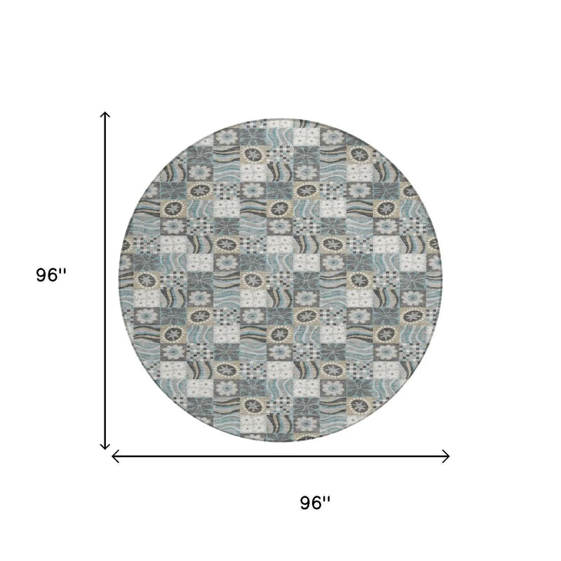 8' Gray And Silver Round Floral Washable Indoor Outdoor Area Rug Homeroots Outdoor