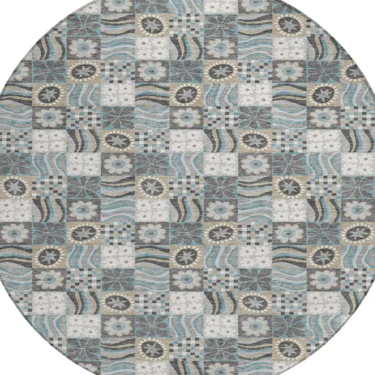 8' Gray And Silver Round Floral Washable Indoor Outdoor Area Rug Homeroots Outdoor