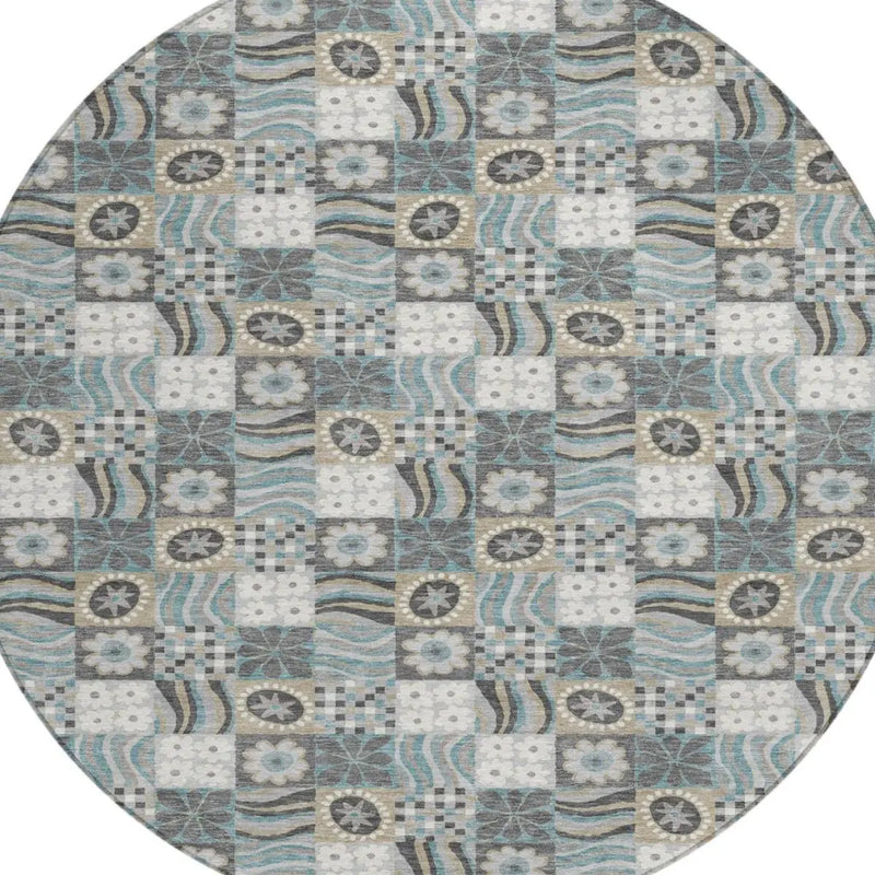 8' Gray And Silver Round Floral Washable Indoor Outdoor Area Rug Homeroots Outdoor