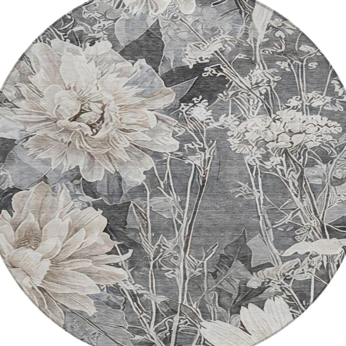 8' Gray And Silver Round Floral Washable Indoor Outdoor Area Rug Homeroots Outdoor