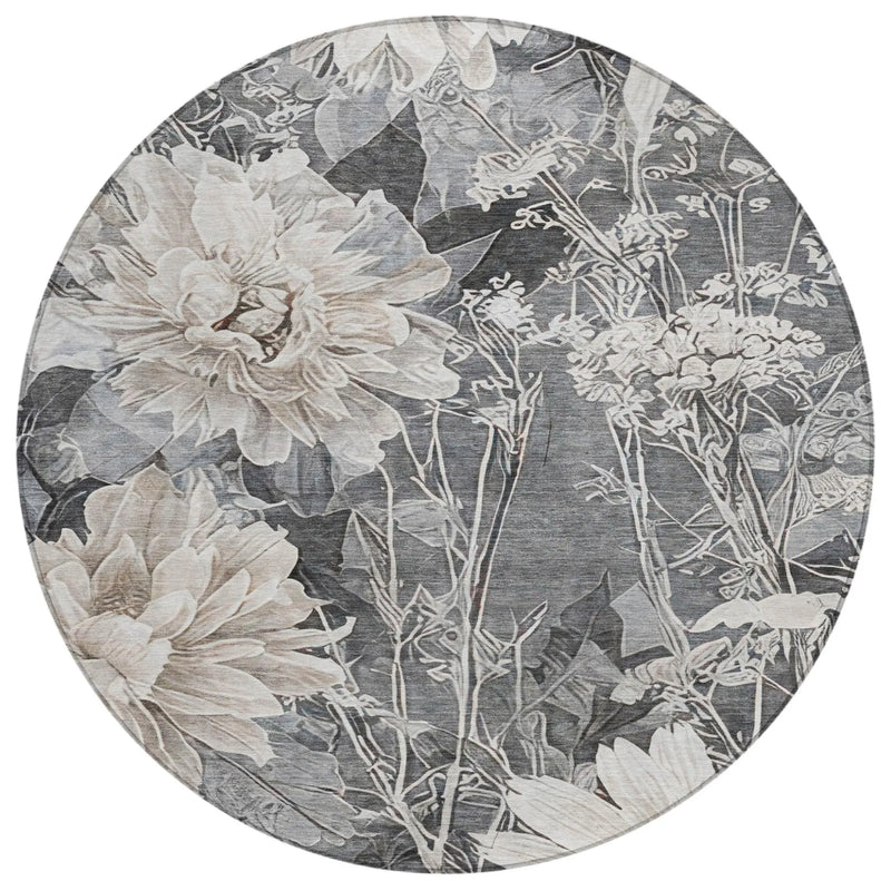 8' Gray And Silver Round Floral Washable Indoor Outdoor Area Rug Homeroots Outdoor