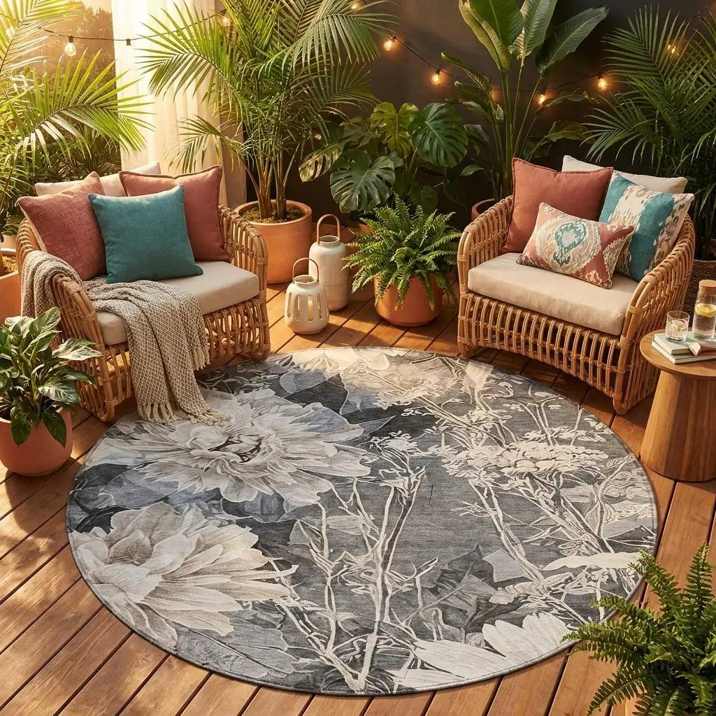 8' Gray And Silver Round Floral Washable Indoor Outdoor Area Rug Homeroots Outdoor