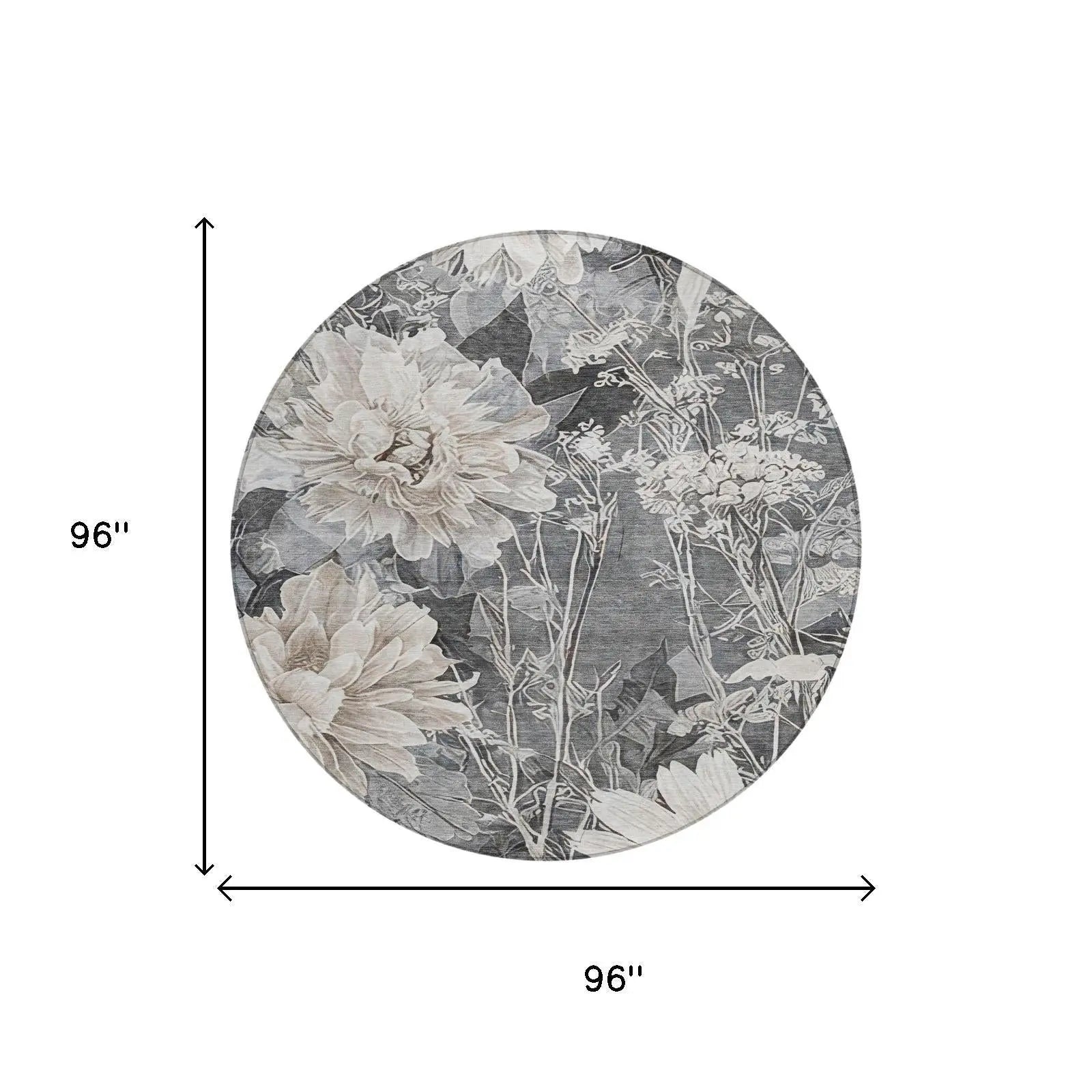 8' Gray And Silver Round Floral Washable Indoor Outdoor Area Rug Homeroots Outdoor